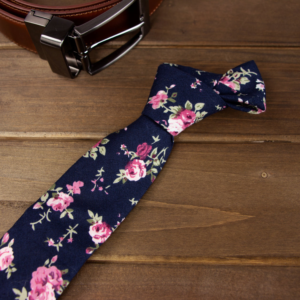 Men's Floral Necktie and Pocket Square Handkerchief Hanky Set, Navy Pink (Color F38)