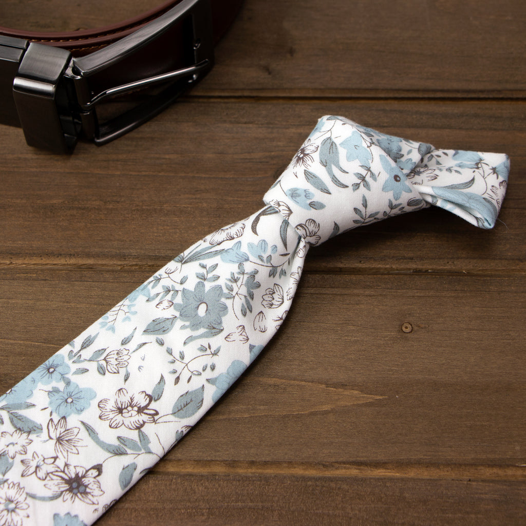 Men's Floral Necktie and Pocket Square Handkerchief Hanky Set, Dusty Blue (Color F48)