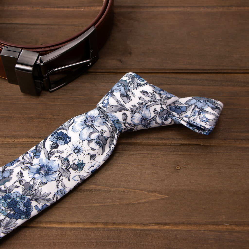 Men's Floral Necktie and Pocket Square Handkerchief Hanky Set, Steel Blue (Color F54)