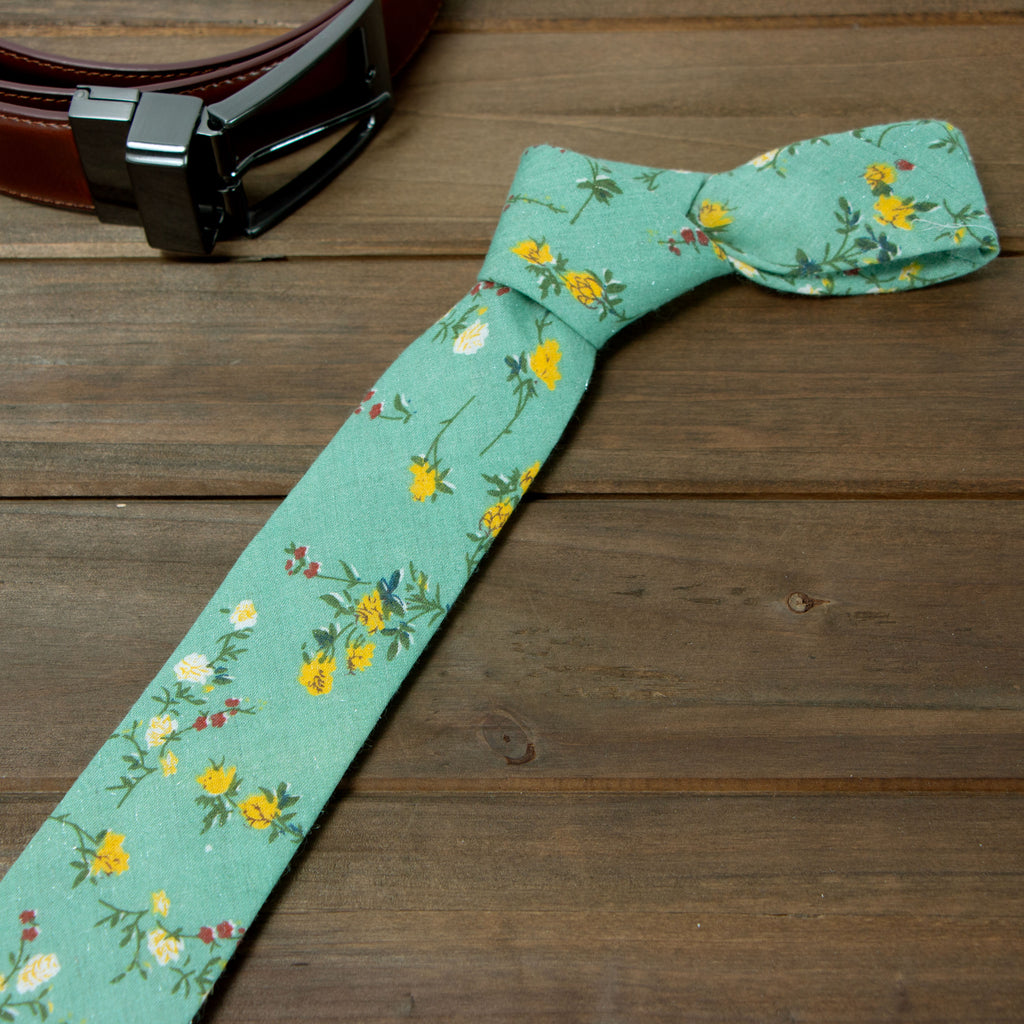 Men's Floral Necktie and Pocket Square Handkerchief Hanky Set, Green Yellow (Color F72)