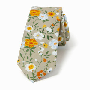 Men's Cotton Printed Floral Skinny Tie, Taupe Khaki (Color F74)