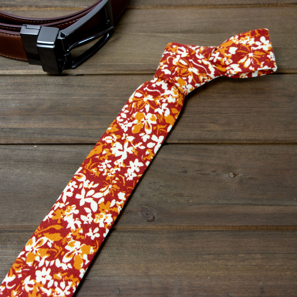 Men's Cotton Printed Floral Skinny Tie, Rust (Color F75)