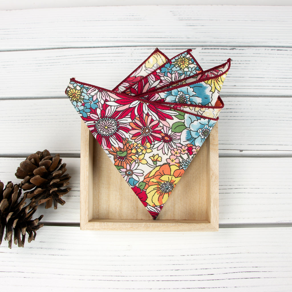 Men's Cotton Floral Bow Tie and Handkerchief Set, Blue Red (Color F30)