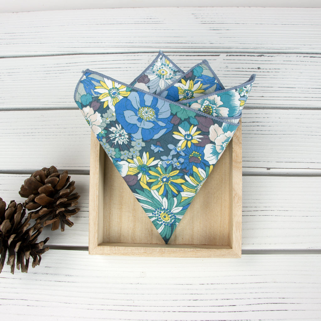 Men's Floral Necktie and Pocket Square Handkerchief Hanky Set, Blue (Color F31)