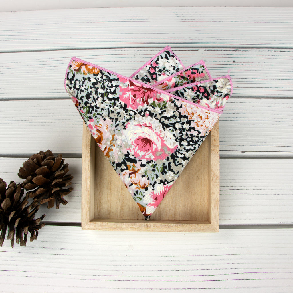 Men's Cotton Floral Bow Tie and Handkerchief Set, Black Pink (Color F34)