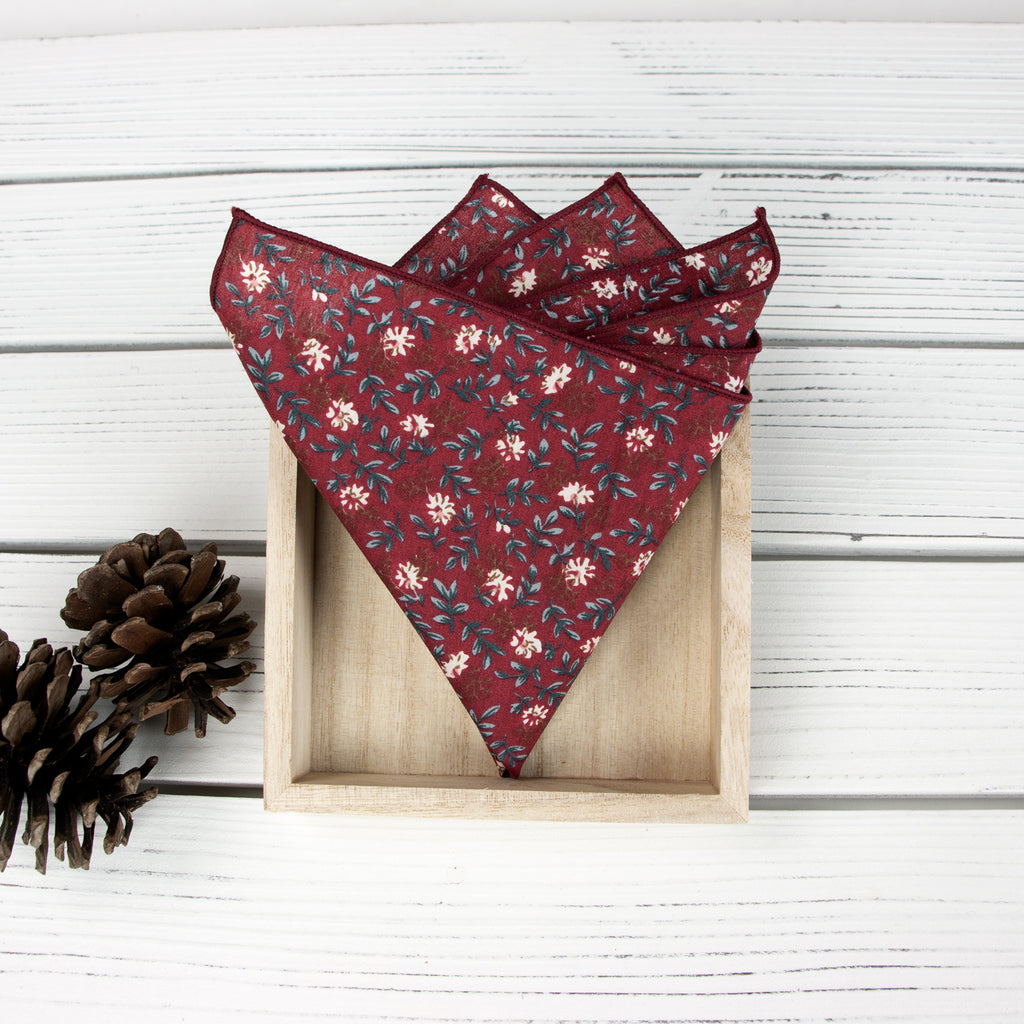 Men's Floral Necktie and Pocket Square Handkerchief Hanky Set, Rust (Color F56)