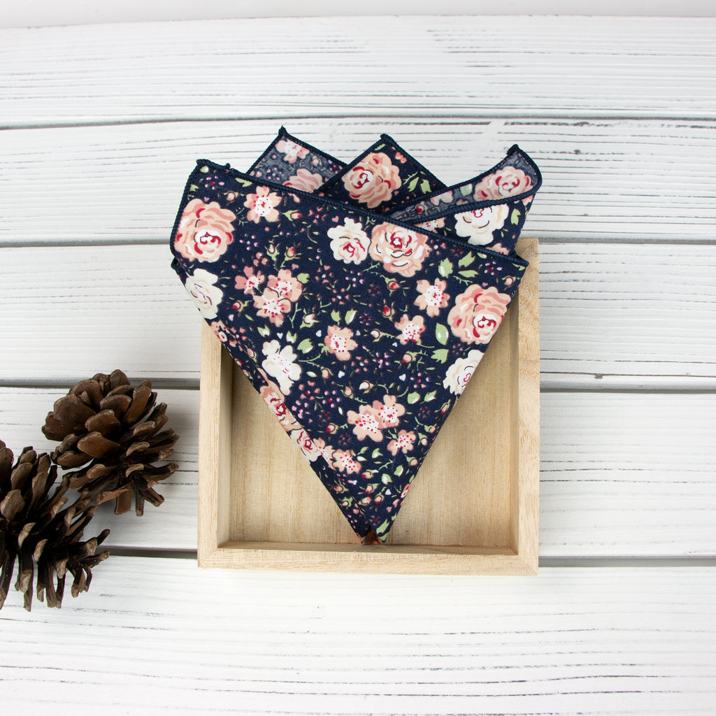 Men's Floral Necktie and Pocket Square Handkerchief Hanky Set, Navy Blush Pink (Color F59)