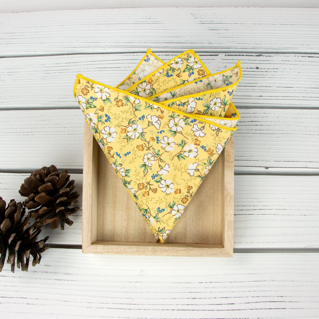 Men's Floral Necktie and Pocket Square Handkerchief Hanky Set, Yellow (Color F61)