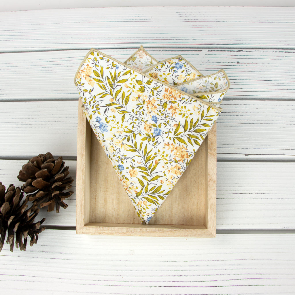 Boys' Cotton Floral Print Zipper Necktie and Pocket Square Set, Yellow Blue (Color F63)