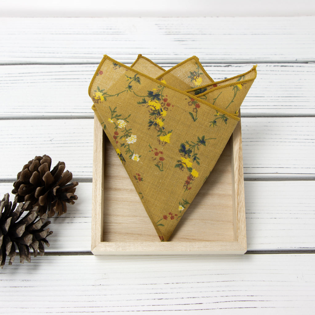 Men's Cotton Floral Print Pocket Square, Yellow Mustard (Color F73)