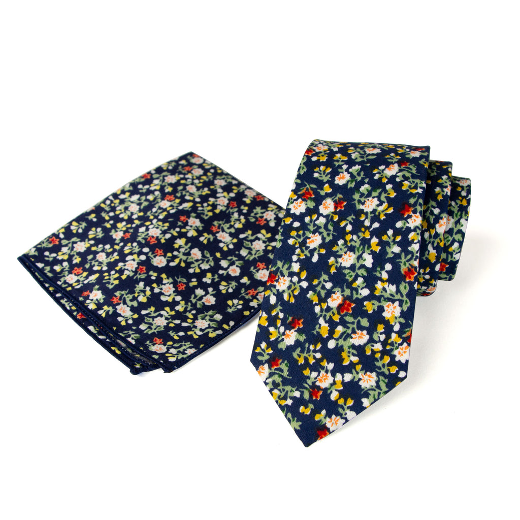 Men's Floral Necktie and Pocket Square Handkerchief Hanky Set, Navy (Color F21)