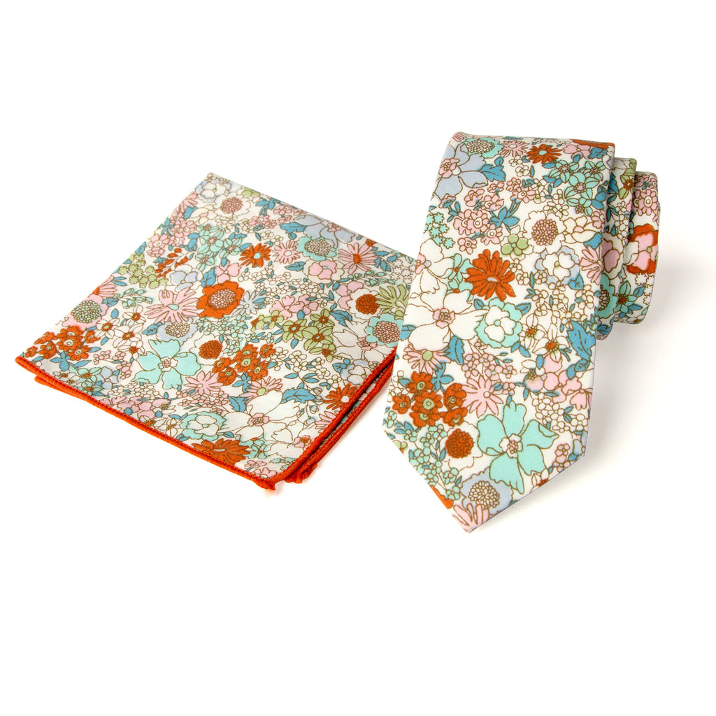 Men's Floral Necktie and Pocket Square Handkerchief Hanky Set, Blue Pink (Color F27)