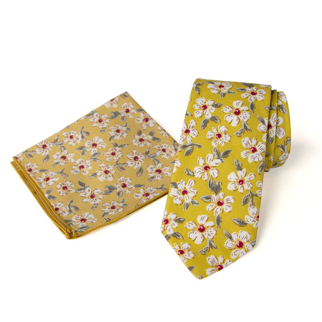 Men's Floral Necktie and Pocket Square Handkerchief Hanky Set, Mustard (Color F32)