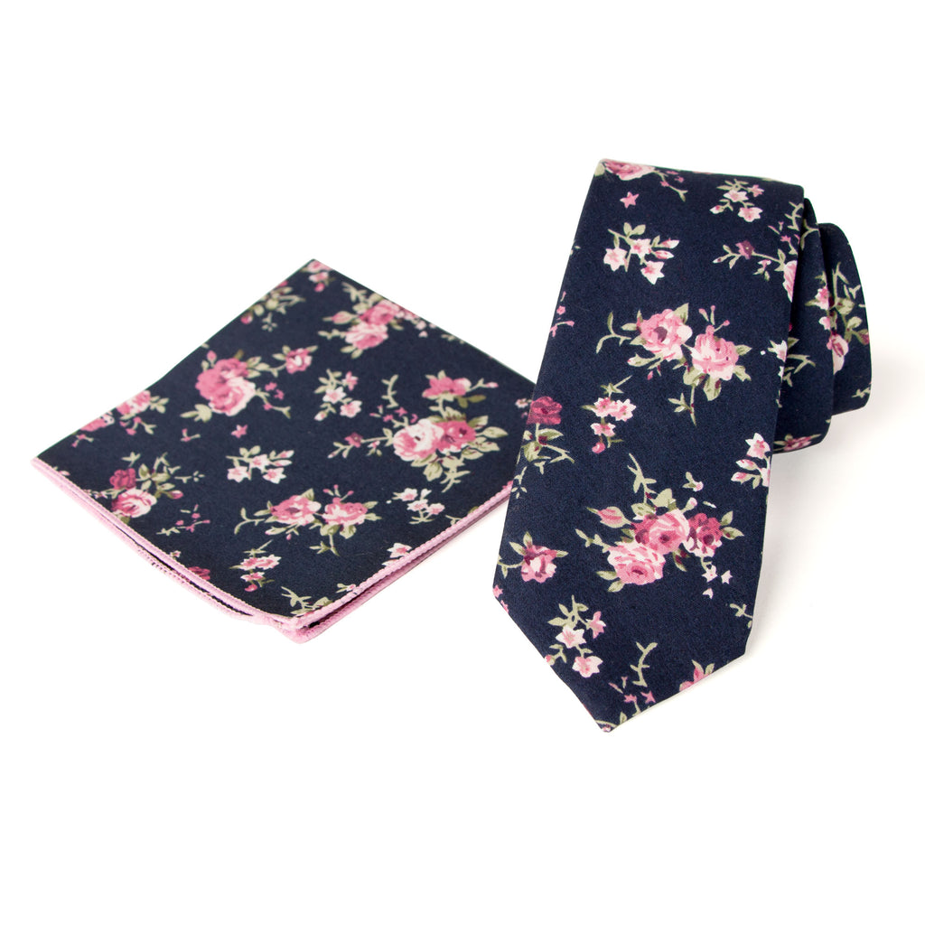 Men's Floral Necktie and Pocket Square Handkerchief Hanky Set, Navy Pink (Color F38)