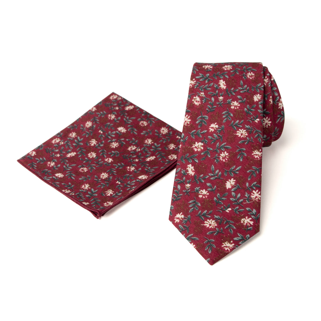 Men's Floral Necktie and Pocket Square Handkerchief Hanky Set, Rust (Color F56)