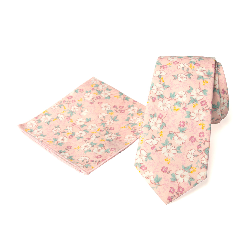 Men's Floral Necktie and Pocket Square Handkerchief Hanky Set, Blush Pink (Color F60)