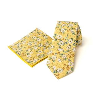 Men's Floral Necktie and Pocket Square Handkerchief Hanky Set, Yellow (Color F61)