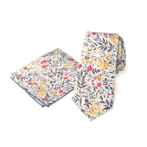 Men's Floral Necktie and Pocket Square Handkerchief Hanky Set, Yellow Red (Color F62)