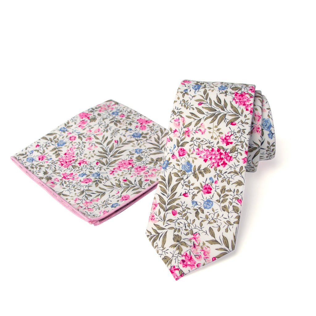 Men's Floral Necktie and Pocket Square Handkerchief Hanky Set, Blue Pink (Color F64)