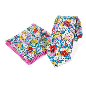 Men's Floral Necktie and Pocket Square Handkerchief Hanky Set, Blue Yellow (Color F70)