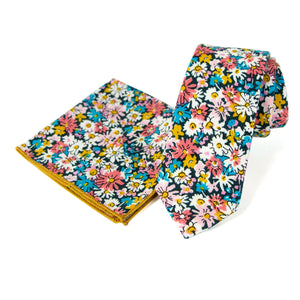 Men's Floral Necktie and Pocket Square Handkerchief Hanky Set, Navy Coral (Color F71)