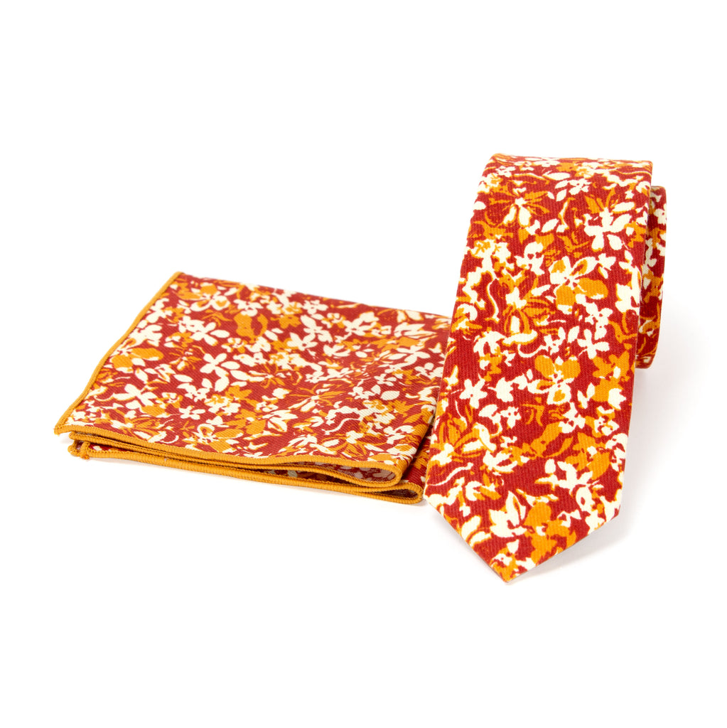 Men's Floral Necktie and Pocket Square Handkerchief Hanky Set, Rust (Color F75)