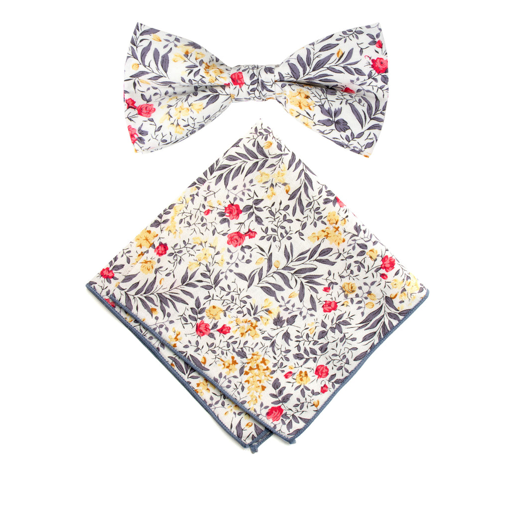 Men's Cotton Floral Bow Tie and Handkerchief Set, Yellow Red (Color F62)