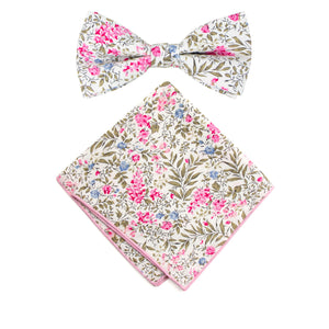 Men's Cotton Floral Bow Tie and Handkerchief Set, Blue Pink (Color F64)