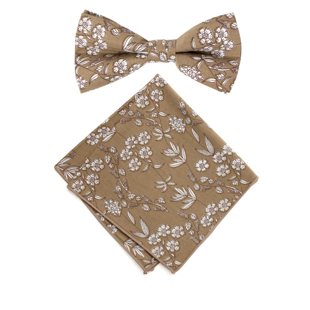 Men's Cotton Floral Bow Tie and Handkerchief Set, Brown (Color F65)