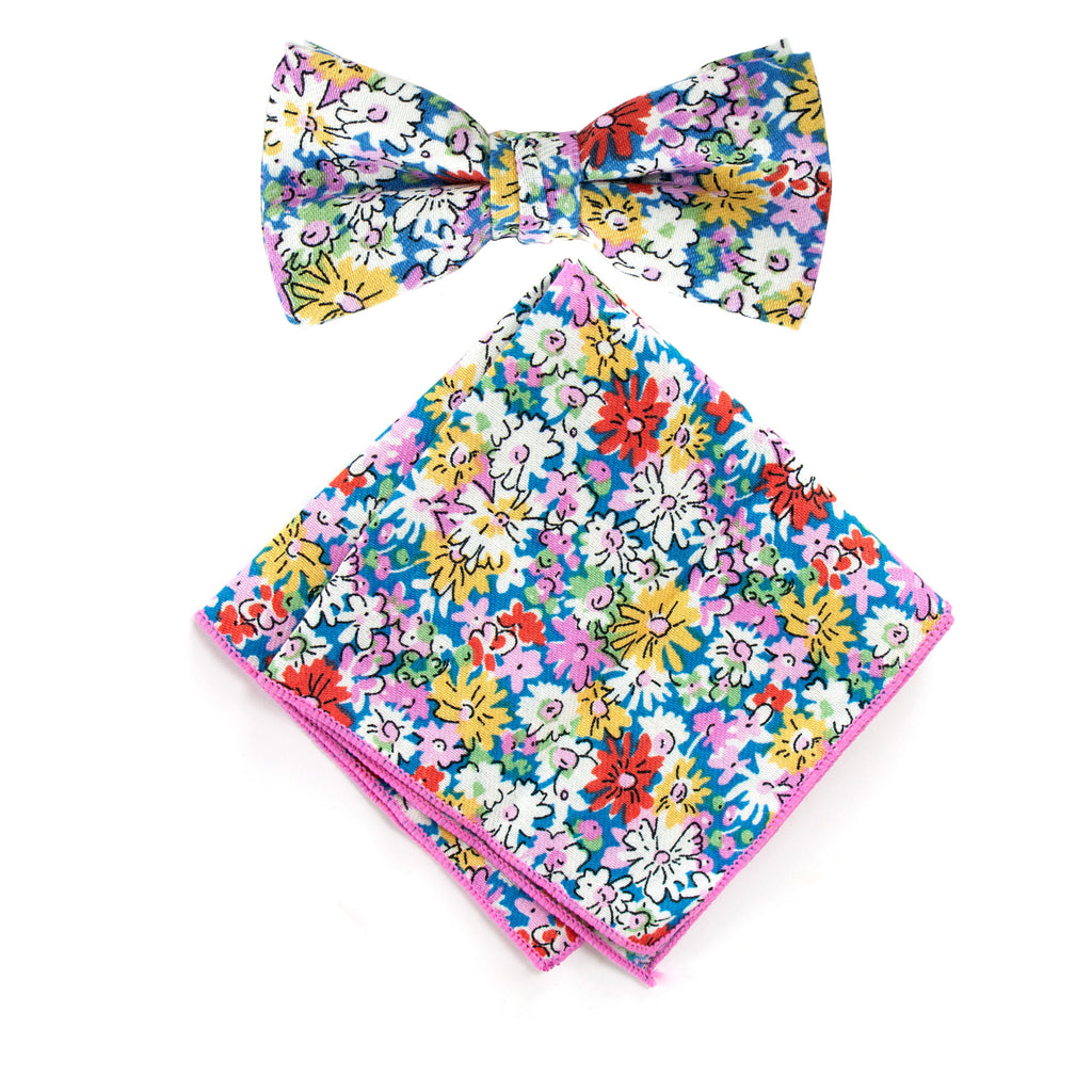 Men's Cotton Floral Bow Tie and Handkerchief Set, Blue Yellow (Color F70)