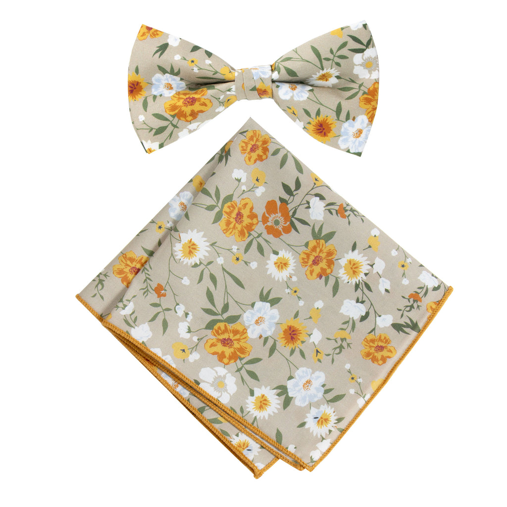 Men's Cotton Floral Bow Tie and Handkerchief Set, Taupe Khaki (Color F74)