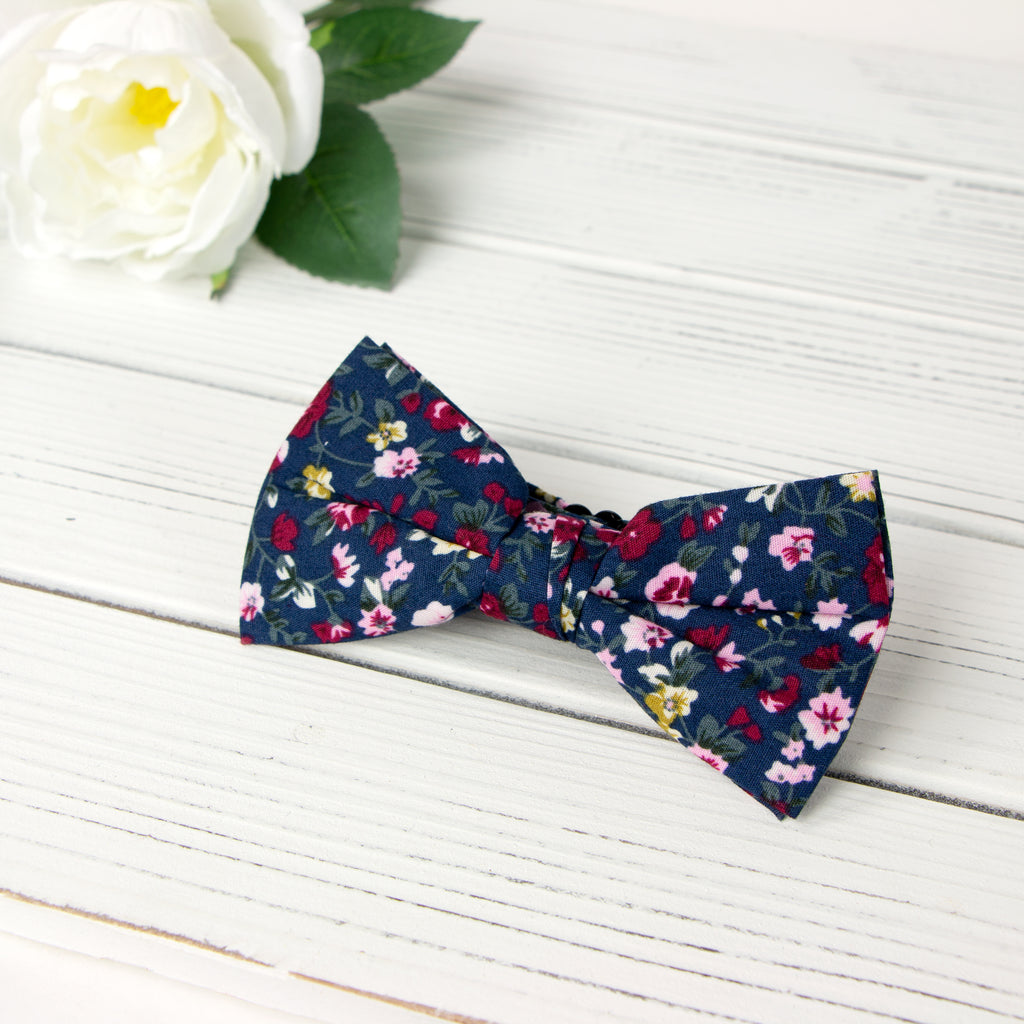 Men's Cotton Floral Bow Tie and Handkerchief Set, Navy (Color F23)