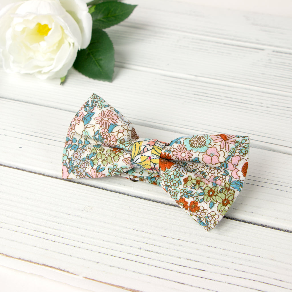Men's Cotton Floral Bow Tie and Handkerchief Set, Blue Pink (Color F27)