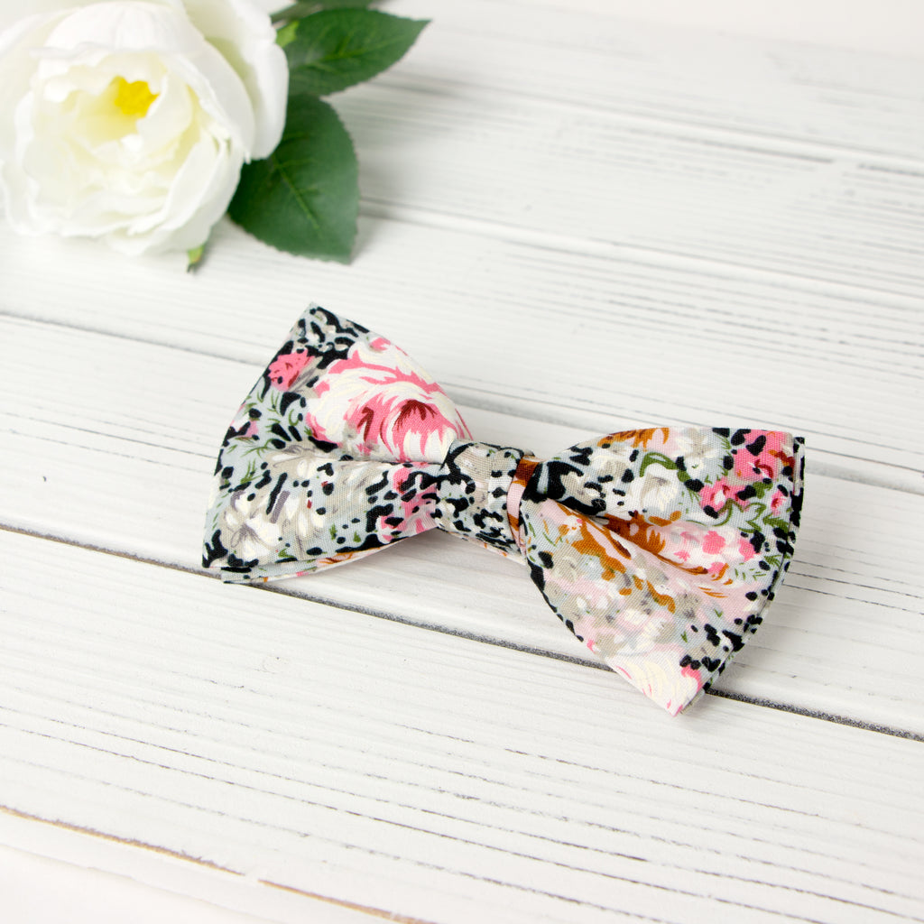Men's Cotton Floral Bow Tie and Handkerchief Set, Black Pink (Color F34)