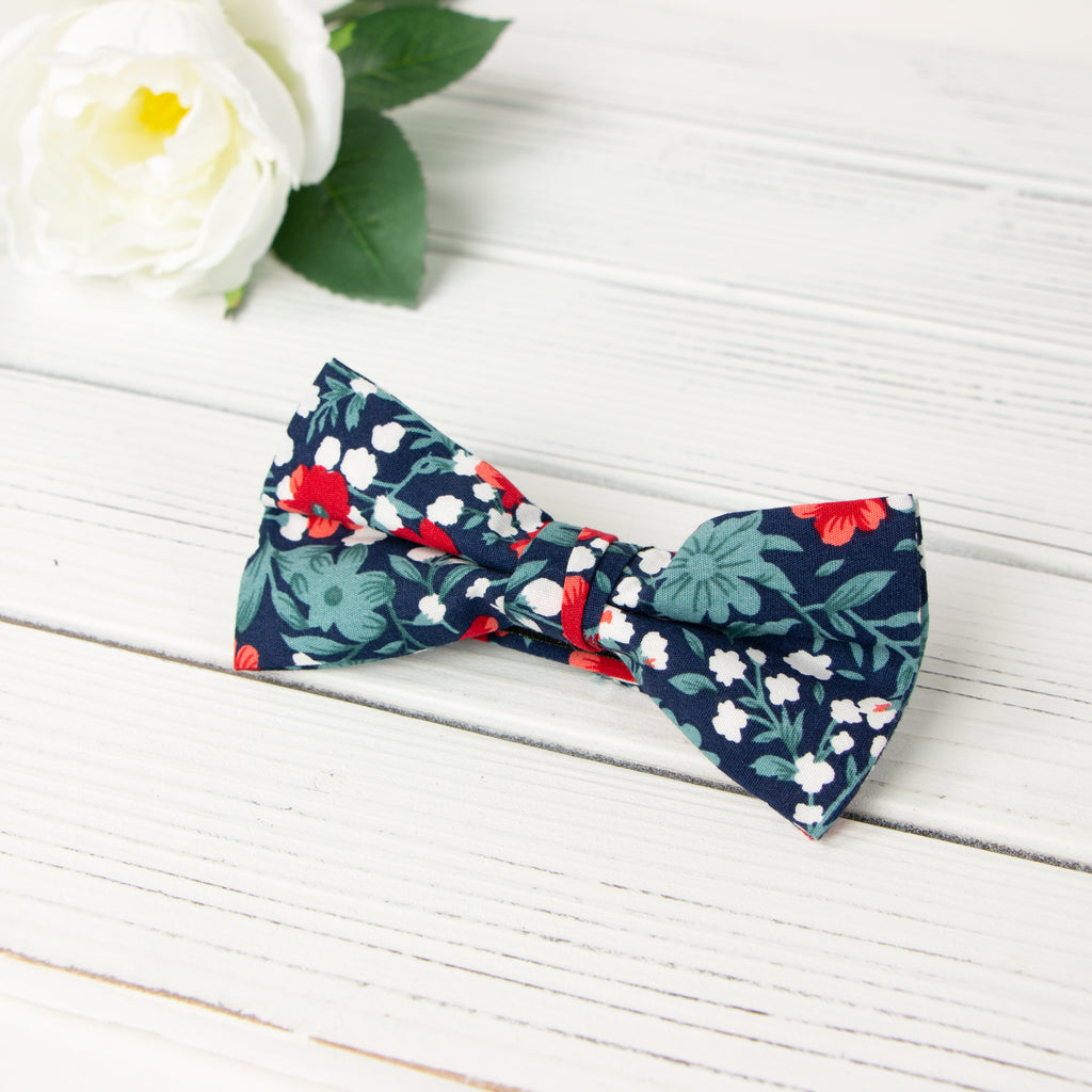 Men's Cotton Floral Bow Tie and Handkerchief Set, Blue Red (Color F42)