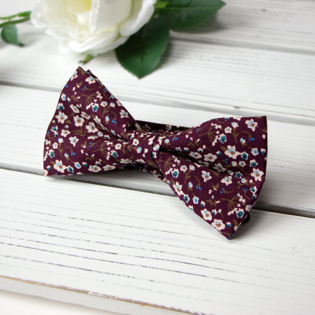 Men's Cotton Floral Bow Tie and Handkerchief Set, Wine (Color F47)