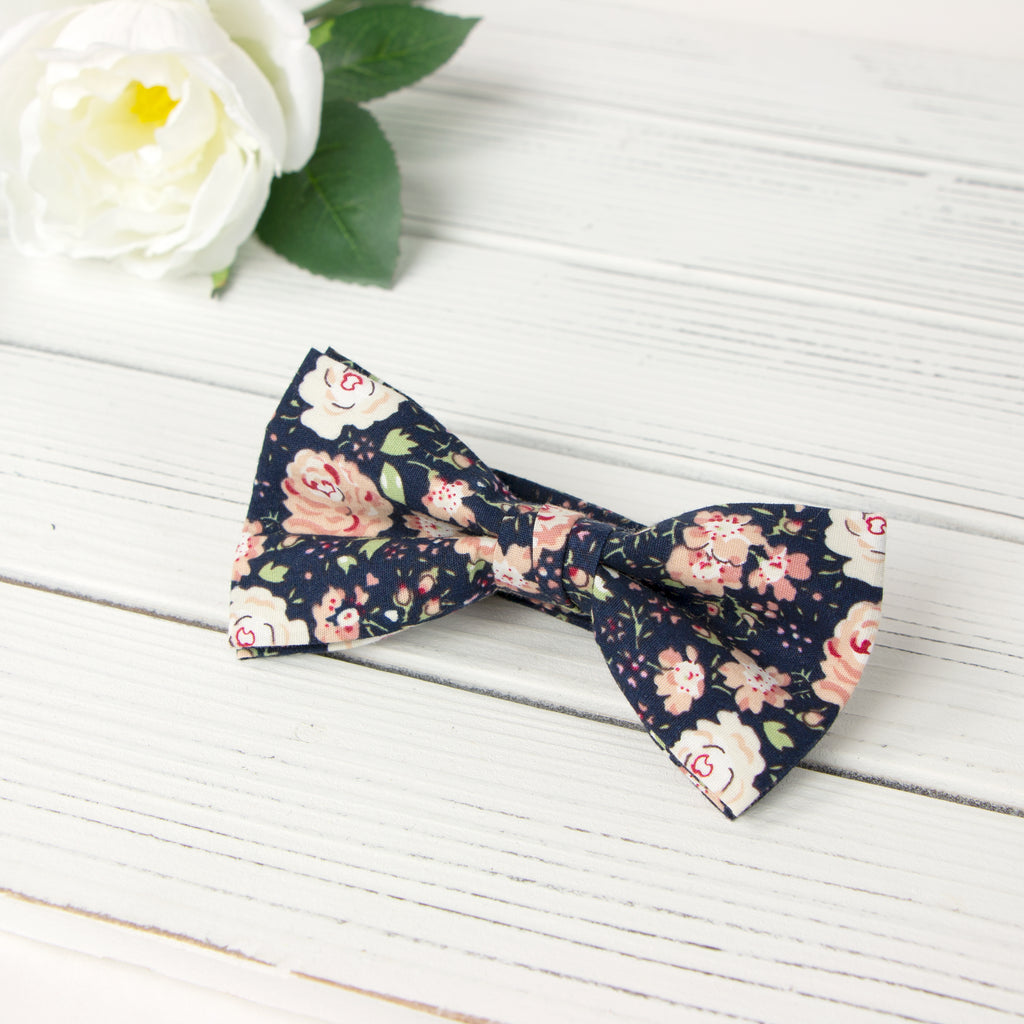 Men's Cotton Floral Bow Tie and Handkerchief Set, Navy Blush Pink (Color F59)