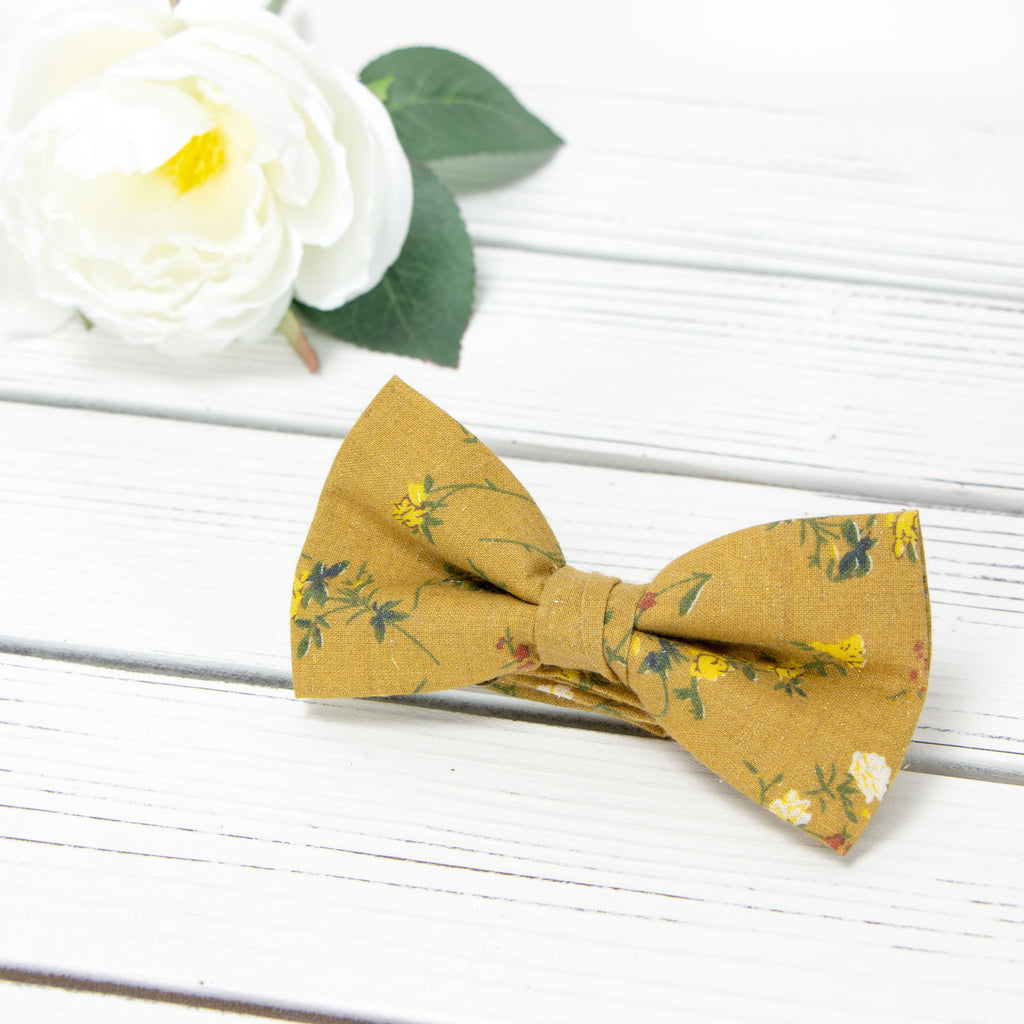 Men's Cotton Floral Print Bow Tie, Yellow Mustard (Color F73)