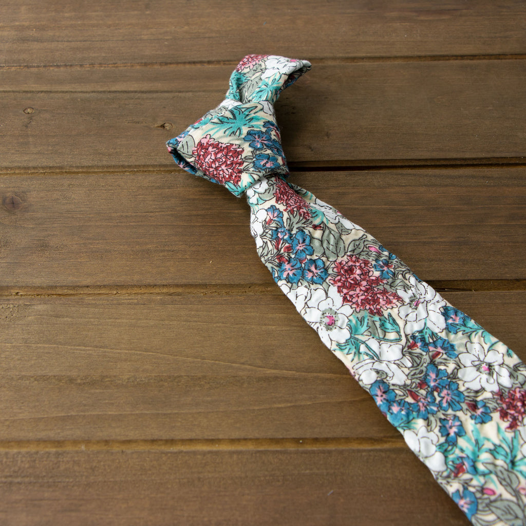 Men's Salt Shrinking Seersucker Cotton Floral Print Necktie and Handkerchief Set, Blue Tan