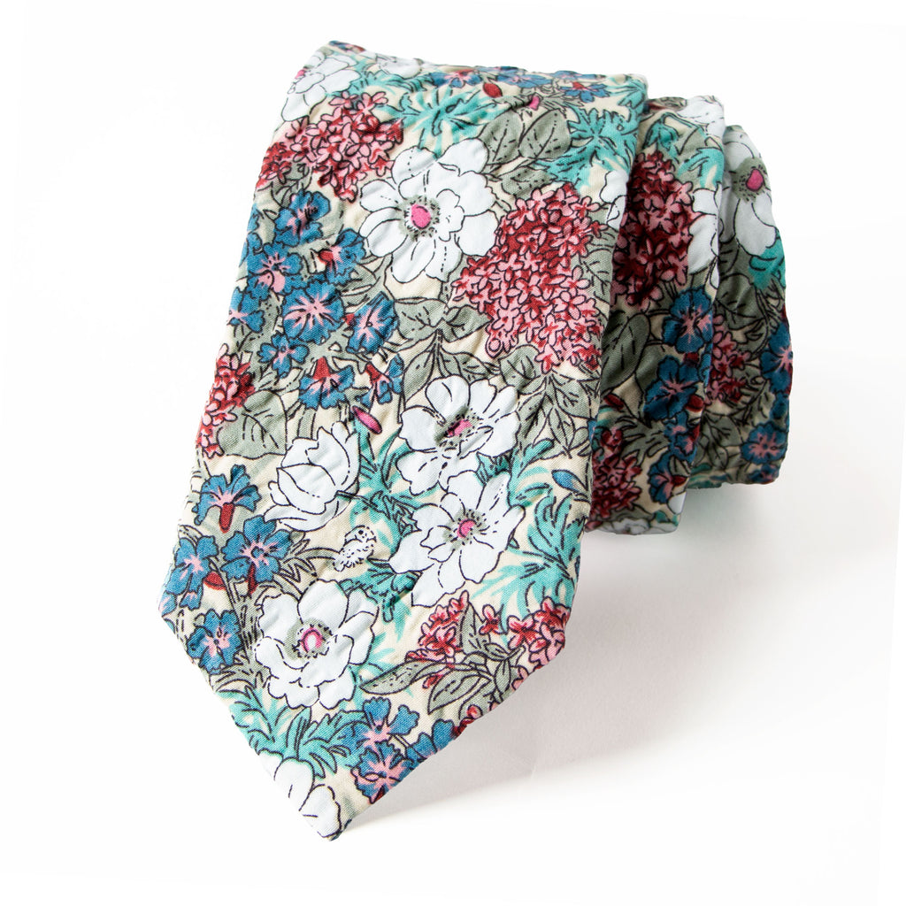Men's Salt Shrinking Seersucker Cotton Floral Print Necktie and Handkerchief Set, Blue Tan
