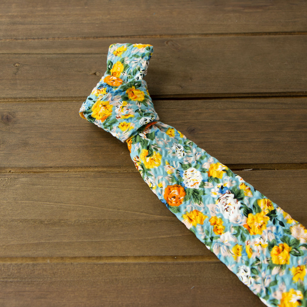 Men's Salt Shrinking Seersucker Cotton Floral Print Necktie and Handkerchief Set, Blue Yellow