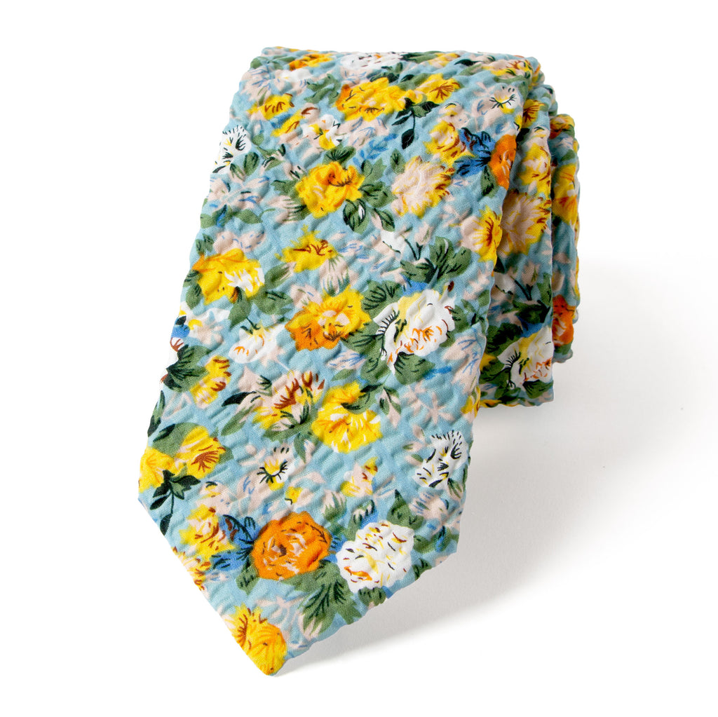 Men's Salt Shrinking Seersucker Cotton Floral Print Necktie and Handkerchief Set, Blue Yellow