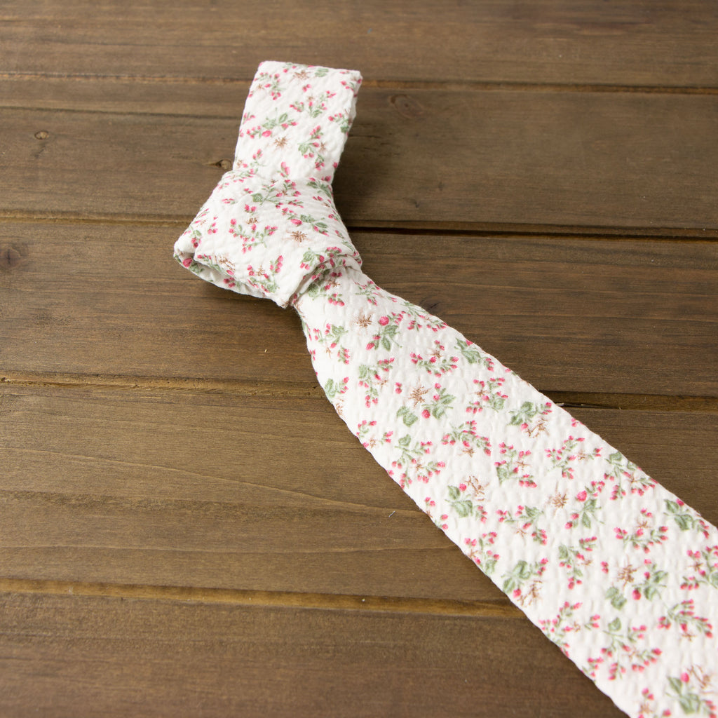 Men's Salt Shrinking Seersucker Cotton Floral Print Necktie and Handkerchief Set, Beige Sage Red