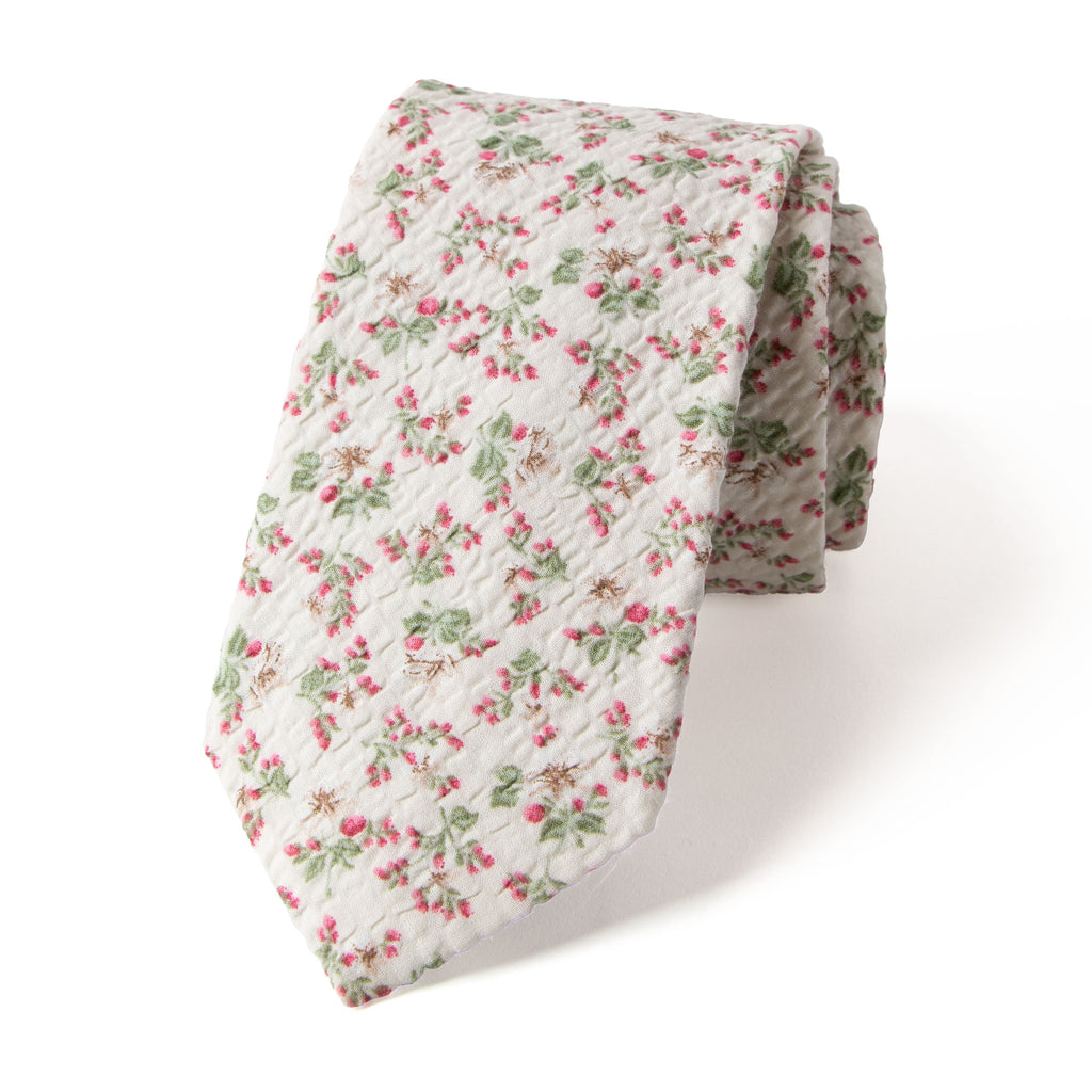 Men's Salt Shrinking Seersucker Cotton Floral Print Necktie and Handkerchief Set, Beige Sage Red