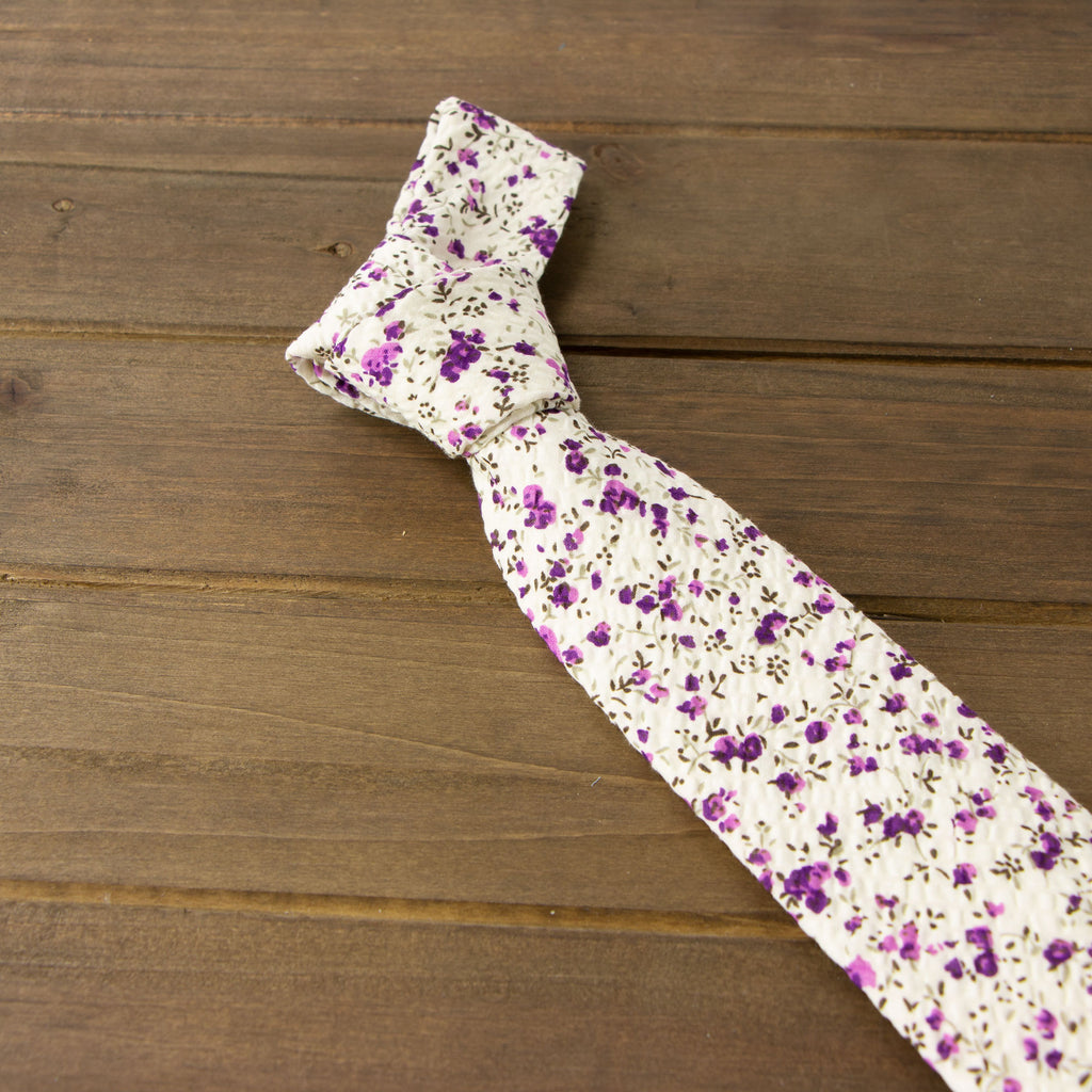 Men's Salt Shrinking Seersucker Cotton Floral Print Necktie and Handkerchief Set, Ivory Purple