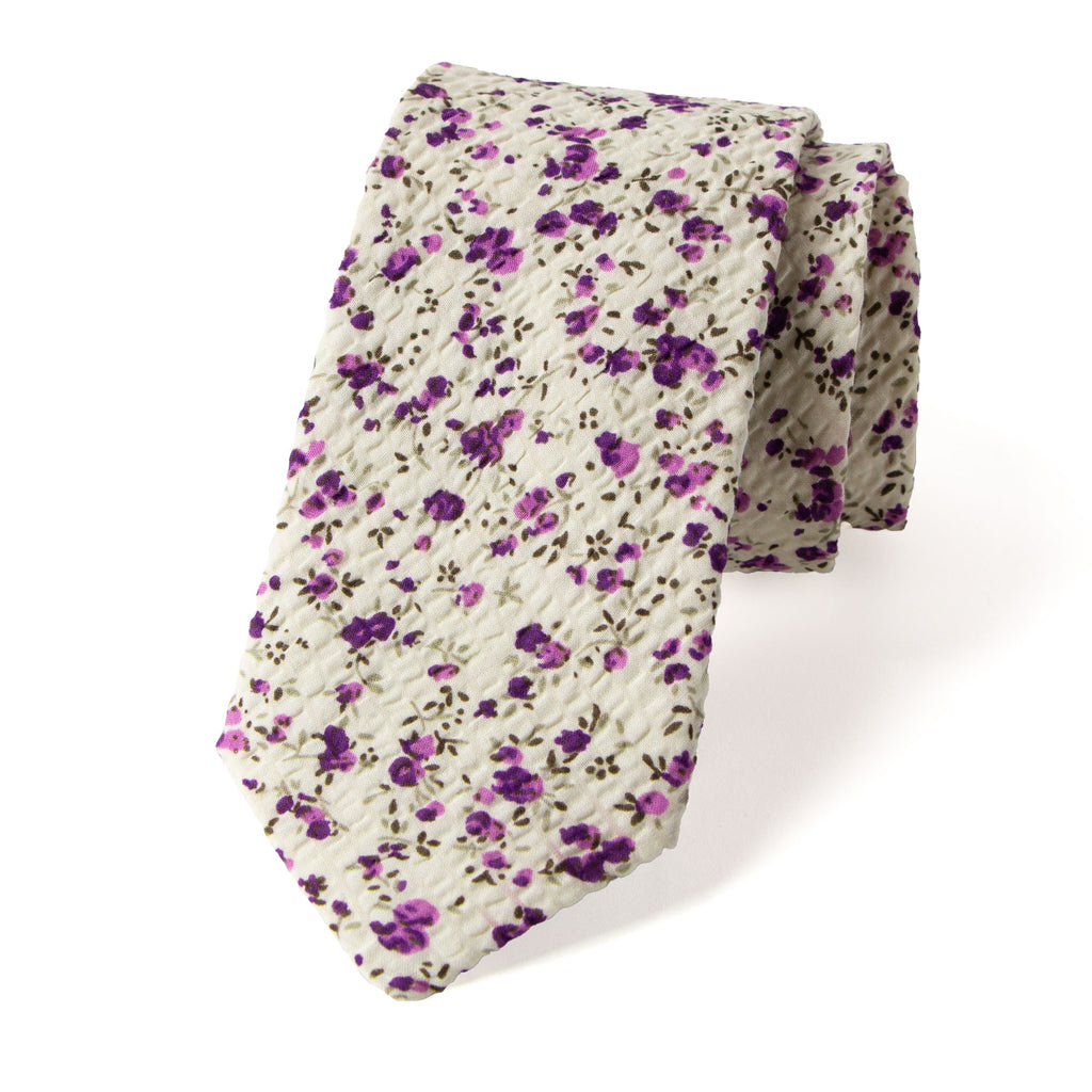 Men's Salt Shrinking Seersucker Cotton Floral Print Necktie and Handkerchief Set, Ivory Purple
