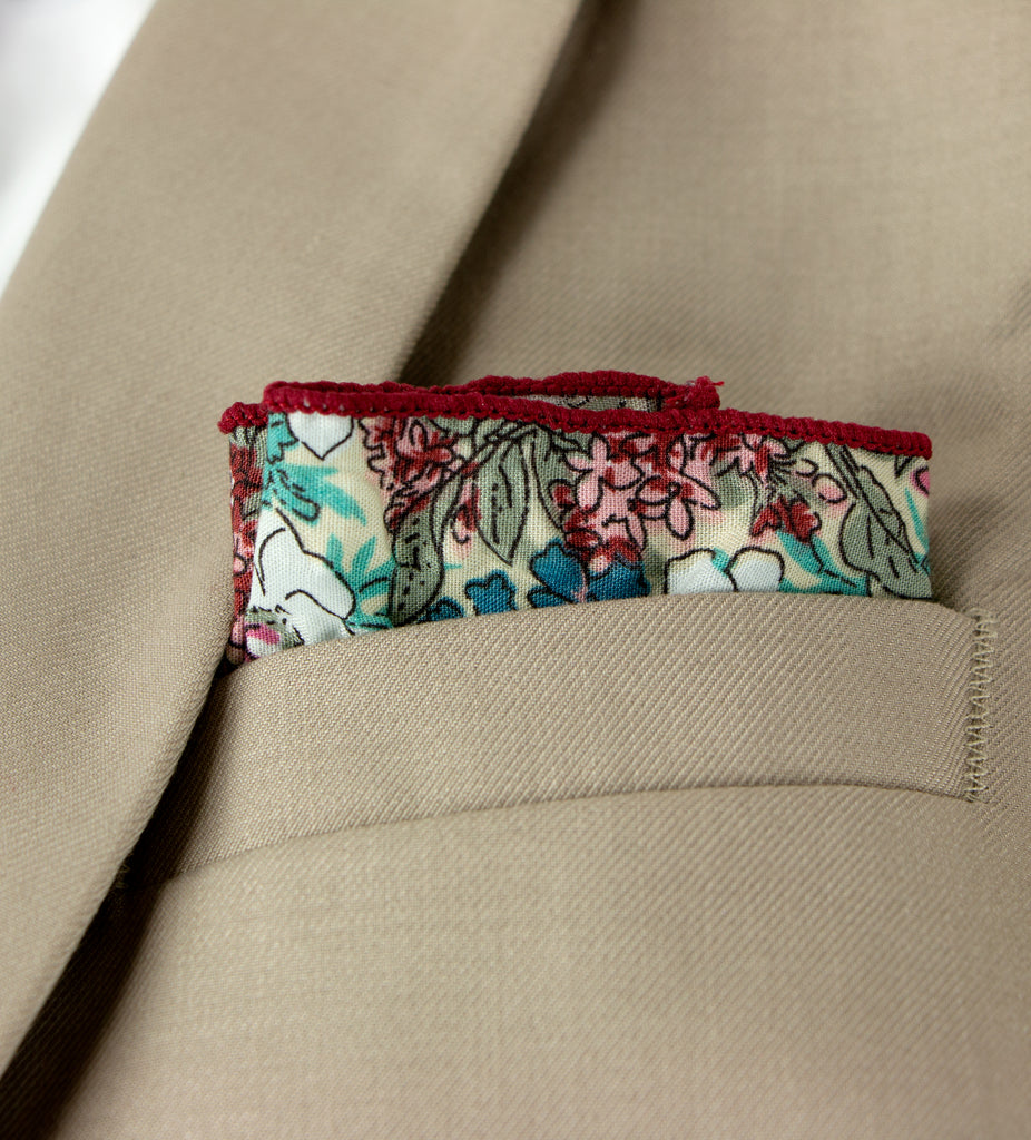 Men's Salt Shrinking Seersucker Cotton Floral Print Necktie and Handkerchief Set, Blue Tan