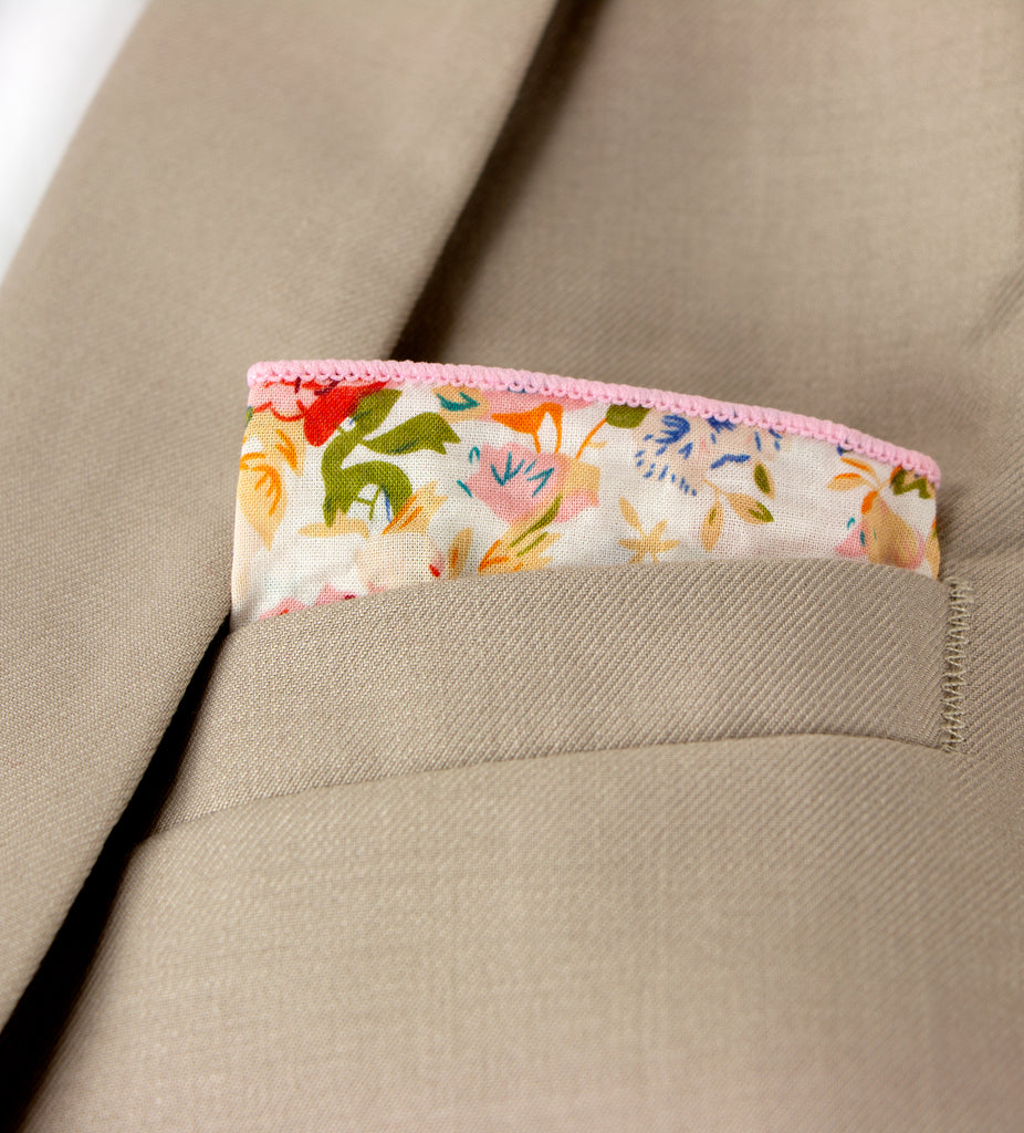 Men's Salt Shrinking Seersucker Cotton Floral Print Necktie and Handkerchief Set, Orange