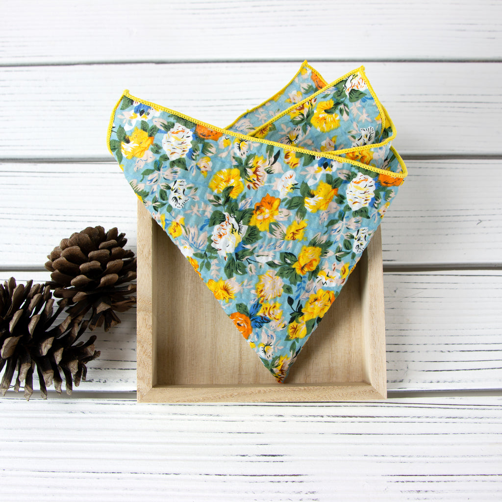Men's Salt Shrinking Seersucker Cotton Floral Print Necktie and Handkerchief Set, Blue Yellow