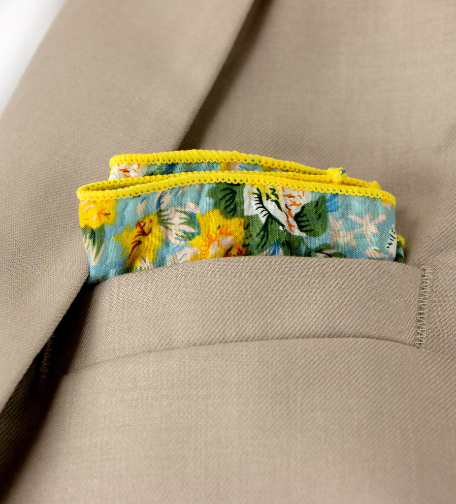 Men's Salt Shrinking Seersucker Cotton Floral Print Necktie and Handkerchief Set, Blue Yellow